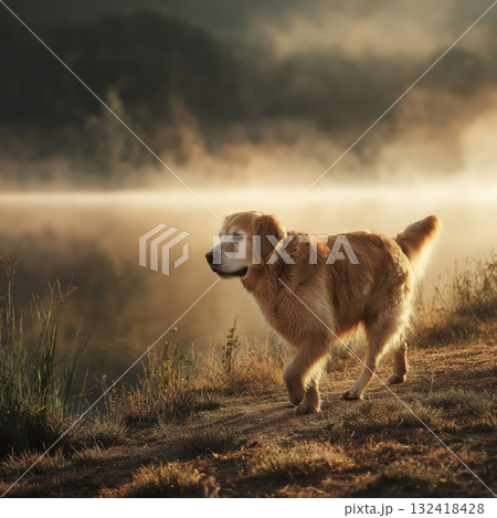 Golden retriever dog walking by misty lake at sunrise with warm light and peaceful mood Golden retriever dog walking by misty lake at sunrise with warm light and peaceful mood 132418428