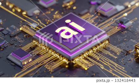 Purple ai chip on circuit board glowing with gold traces and futuristic lighting conveying innovation and advanced technology 132418443