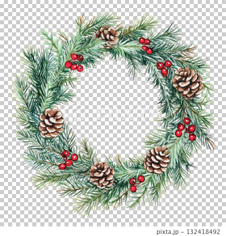 Watercolor illustration of a festive wreath adorned with pinecones and red berries, featuring lush green foliage and a blank center. Isolated on transparent background. 132418492