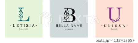 Logo L, B, capital letter U. Monogram of Botanical Minimalistic, Initial. with Organic Plant Elements. 132418657