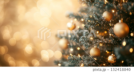 Close-up of a Christmas tree decorated with golden ornaments and warm string lights, featuring bright bokeh background. Close-up of a Christmas tree decorated with golden ornaments and warm string lights, featuring bright bokeh background. 132418840