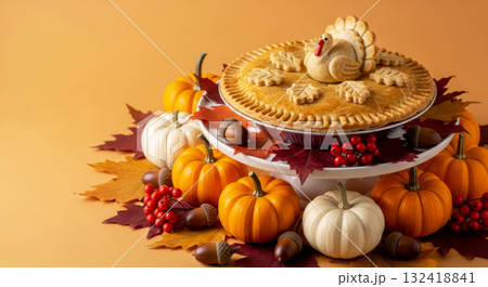 Festive Thanksgiving pie decorated with a small turkey crust and fall leaves, surrounded by pumpkins and acorns on a stand. Festive Thanksgiving pie decorated with a small turkey crust and fall leaves, surrounded by pumpkins and acorns on a stand. 132418841