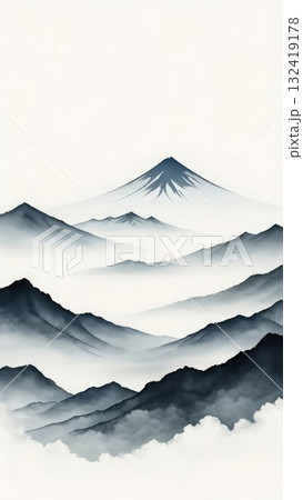 Traditional ink wash painting of mountain peaks in layered mist. Elegant Japanese art smartphone background. Generative AI. Traditional ink wash painting of mountain peaks in layered mist. Elegant Japanese art smartphone background. Generative AI. 132419178
