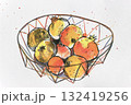 Watercolor and liner illustration of pomegranates in a wire basket 132419256