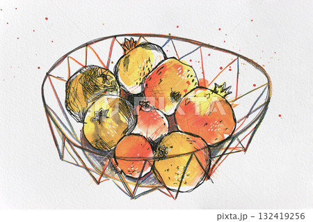 Watercolor and liner illustration of pomegranates in a wire basket Watercolor and liner illustration of pomegranates in a wire basket 132419256