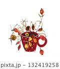 Handmade paper collage of rose hips in a red vintage cup 132419258