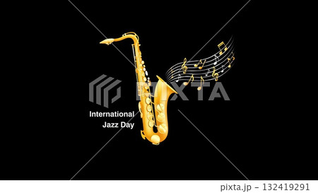 Shiny golden saxophone standing upright with floating musical notes on elegant black background celebrating International Jazz Day. Generative AI. 132419291