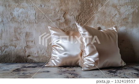 Luxurious Satin Pillows Against Weathered Concrete WallImage 132419557