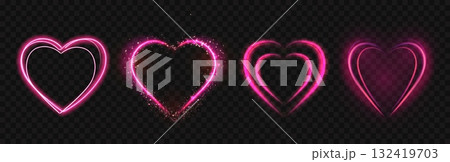 Red glowing hearts. Pink neon luminous love 3D y2k symbols with sparks, abstract wedding, Valentines and Mother Day light hearts for romantic invitation card. Vector isolated set 132419703
