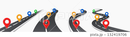 Winding 3d road with pins. Business journey map infographic, wavy way in perspective view. Abstract travel street, workflow process chart, timeline. Vector flowchart templates Winding 3d road with pins. Business journey map infographic, wavy way in perspective view. Abstract travel street, workflow process chart, timeline. Vector flowchart templates 132419706