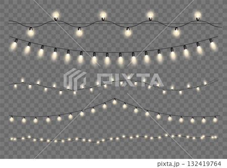Christmas light garlands. Light bulbs on string border Xmas, New Year and carnival party, winter holiday decoration. Glowing LED lamps frame. Vector 3D realistic isolated set 132419764