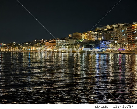 vibrant seaside nightlife, bright seaside evening with illuminated facades and lively music vibrant seaside nightlife, bright seaside evening with illuminated facades and lively music 132419787