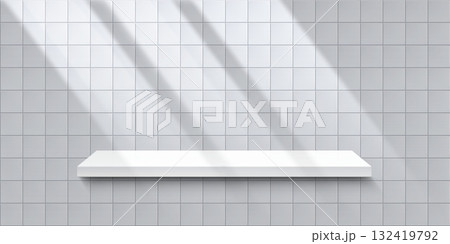 Bathroom wall with shelf. White tiled wall with 3D realistic product podium. Toilet or kitchen empty interior for presentation. Ceramic mosaic texture with shadow. Vector mockup Bathroom wall with shelf. White tiled wall with 3D realistic product podium. Toilet or kitchen empty interior for presentation. Ceramic mosaic texture with shadow. Vector mockup 132419792
