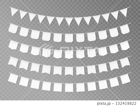 Bunting flags realistic. White party banner garland for kids birthday or carnival. Blank 3D pennants with rope. Holiday festival, anniversary day decoration. Vector isolated set Bunting flags realistic. White party banner garland for kids birthday or carnival. Blank 3D pennants with rope. Holiday festival, anniversary day decoration. Vector isolated set 132419822
