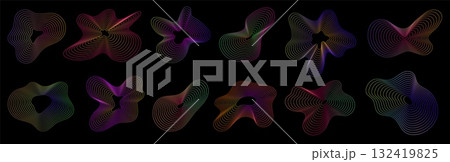Amorphous shapes. Abstract neon dynamic shape, 3d line wave pattern, radial technology ripple texture. Music pulse color fluid gradient. Digital sound flow visual effect. Vector set 132419825