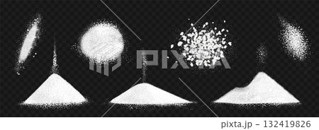 Sugar heap. Salt sea powder pile top view, realistic white crystal sand, falling flour grains, baking soda flake bulk, salty spice. Snow hill. Vector isolated on transparent background Sugar heap. Salt sea powder pile top view, realistic white crystal sand, falling flour grains, baking soda flake bulk, salty spice. Snow hill. Vector isolated on transparent background 132419826