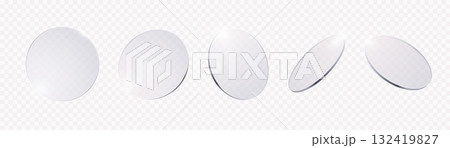 Glass circles. Transparent realistic round lenses with glossy mirror reflection in different angles. Clean glass plates, optical elements. 3D disks vector isolated set 132419827