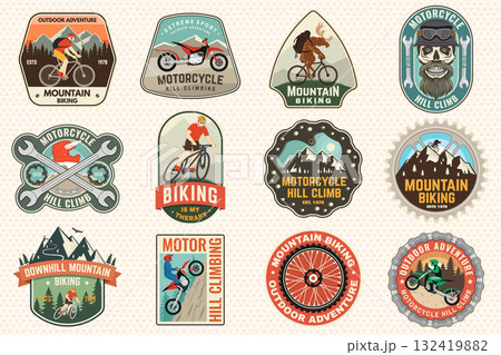 Set of motorcycle hill climb and mountain biking patch, sticker. Vector illustration. Concept for shirt or logo, print, stamp or tee. Vintage typography design with man riding bike and mountain 132419882