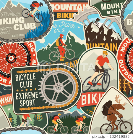 Set of Mountain biking seamless pattern or background with patch, sticker. Vector illustration. Concept for shirt or logo, print, stamp or tee. Wallpaper design with man riding bike and mountain 132419883