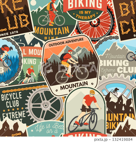 Set of Mountain biking seamless pattern or background with patch, sticker. Vector illustration. Concept for shirt or logo, print, stamp or tee. Wallpaper design with man riding bike and mountain 132419884