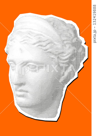Antique face. Vector illustration. Digital graphic for posters, banners, flyers, cover, historic artwork, ancient picture. Vintage engraving Plaster head. Geometric halftone triangular texture 132419888