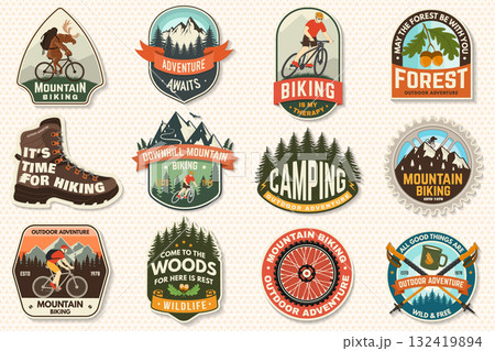 Set of hiking outdoor adventure and mountain biking patch, sticker. Vector illustration. Concept for shirt or logo, print, stamp or tee. Vintage typography design with man riding bike and mountain 132419894