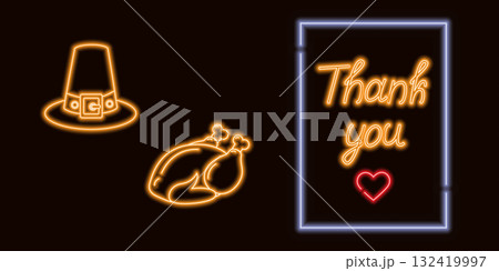 Thank you Text with heart in Rectangle Neon Frame Pilgrim hat Roast Turkey Thanksgiving Glowing Icon Thank you Text with heart in Rectangle Neon Frame Pilgrim hat Roast Turkey Thanksgiving Glowing Icon 132419997