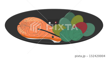 Hans Drawn Salmon steak Brussels Sprouts Salad leaves and peppercorn mix on Black Plate Healthy Food 132420004