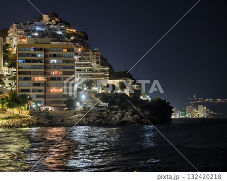 reflections shimmering in neonlit bayfront scene, vibrant night scene with neon lights reflecting 132420218