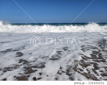 sea foam details, calm tide with delicate foam, receding tide forms intricate foam patterns 132420252