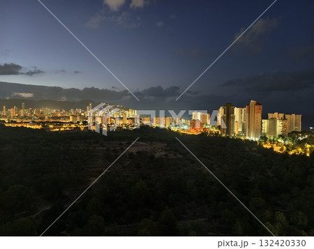 night view imagery, peaceful twilight cityscape contrasting lush forests with illuminated urban 132420330