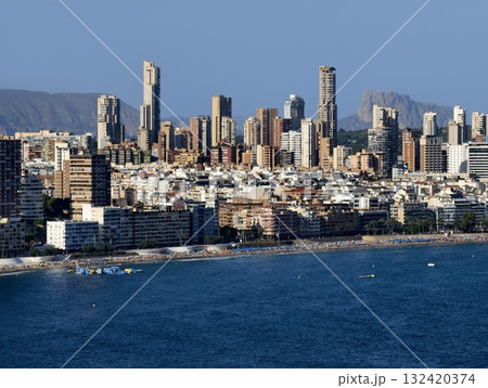 skyscrapers along sandy beaches, lively beachfront area featuring highrise buildings and leisure skyscrapers along sandy beaches, lively beachfront area featuring highrise buildings and leisure 132420374