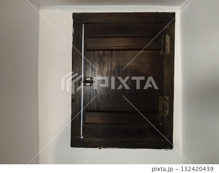 recessed wooden hatch with metallic latch, crafted dark wood hatch set into wall with iron latch recessed wooden hatch with metallic latch, crafted dark wood hatch set into wall with iron latch 132420439