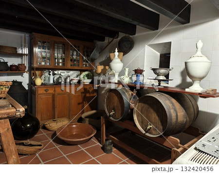 enchanting cellar atmosphere showcasing vintage wooden barrels and timeless tiled flooring enchanting cellar atmosphere showcasing vintage wooden barrels and timeless tiled flooring 132420456