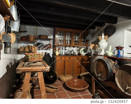 rustic kitchen scene, traditional artisan kitchen setting, vintage artisan pantry with wooden 132420457