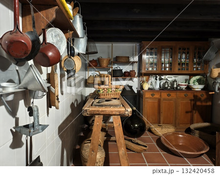 vintage kitchen decor, historical kitchen scene featuring wellworn tools and weathered finishes vintage kitchen decor, historical kitchen scene featuring wellworn tools and weathered finishes 132420458