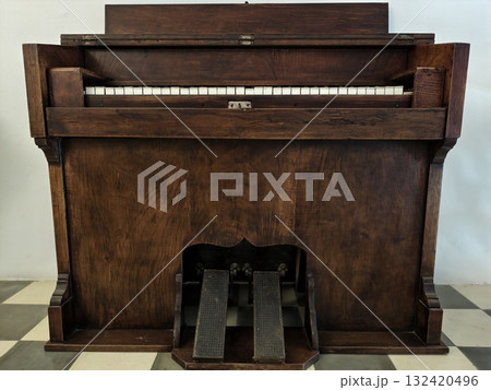vintage oak upright with brass pedals, solid oak upright piano featuring rich grain and brass pedals vintage oak upright with brass pedals, solid oak upright piano featuring rich grain and brass pedals 132420496