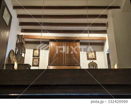 historic hall with decorated balcony, overlooking historic hall from balcony with artwork 132420500