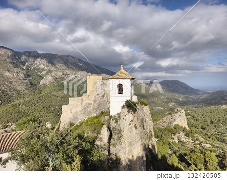 scenic cliff chapel captured from drone, stone chapel on rocky cliff with surrounding landscape scenic cliff chapel captured from drone, stone chapel on rocky cliff with surrounding landscape 132420505