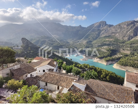 vivid aerial shot of mountain village scenery, breathtaking aerial landscape of mountain village 132420506