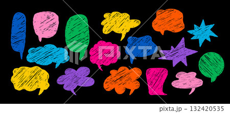 Abstract Crayon Speech Bubble set. Curvature Chalk Colorful Freeform Hand Drawn various Shapes. Isolated Textured doodles. Various talk, thought, and comic elements. Vector illustration. Not AI 132420535