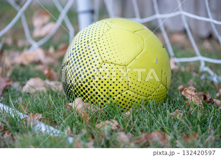 Yellow soccer ball resting in grass near goal posts surrounded by fallen leaves Yellow soccer ball resting in grass near goal posts surrounded by fallen leaves 132420597