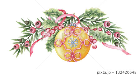 Watercolor wide arrangement with yellow ball Christmas tree ornament and yew branch. Hand drawn with sparkling and pencil texture. Pink and green composition. Perfect for greeting card and design. 132420648