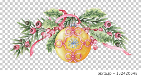 Watercolor wide arrangement with yellow ball Christmas tree ornament and yew branch. Hand drawn with sparkling and pencil texture. Pink and green composition. Perfect for greeting card and design. 132420648