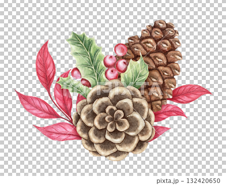 Watercolor bouquet with holly leaves and pinecone hand drawn with sparkling and pencil texture. Festive composition with pink and green hues. Perfect for Christmas greeting card and botanical design. Watercolor bouquet with holly leaves and pinecone hand drawn with sparkling and pencil texture. Festive composition with pink and green hues. Perfect for Christmas greeting card and botanical design. 132420650