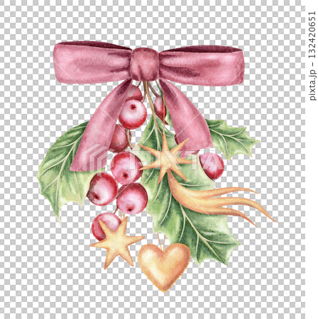 Dusty pink ribbon bow with holly twig and gold star hand drawn in watercolor with sparkling and pencil texture. Festive Christmas greeting card composition. Perfect for holiday and seasonal design. 132420651