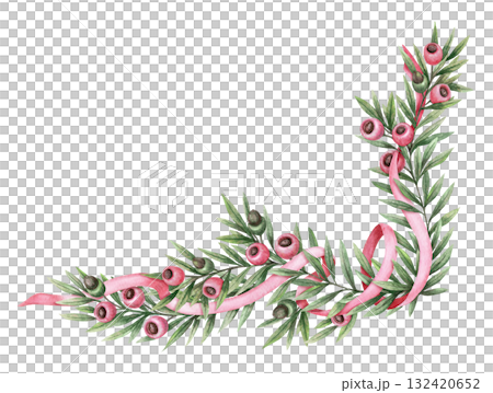 Watercolor pink ribbon twisted with yew branches hand drawn with sparkling and pencil texture. Aesthetic pink and green corner composition. Perfect for Christmas greeting card and seasonal design. Watercolor pink ribbon twisted with yew branches hand drawn with sparkling and pencil texture. Aesthetic pink and green corner composition. Perfect for Christmas greeting card and seasonal design. 132420652