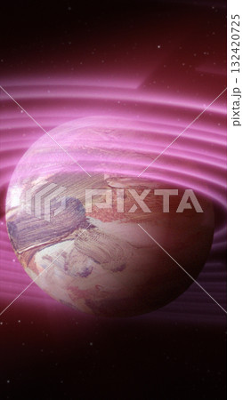 Glowing alien planet bathed in pink energy waves, set against a deep starry background Glowing alien planet bathed in pink energy waves, set against a deep starry background 132420725