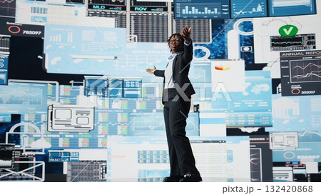 Businesswoman proud by company quarterly business performance after analyzing financial reports data charts. Happy manager celebrating success after evaluating positive market graphs, camera A 132420868