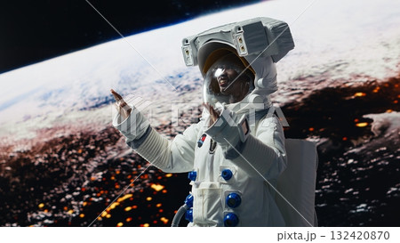 Happy orbital station astronaut delighted by beauty of planet in space. Jolly woman looking in awe at galaxy celestial bodies during planetary exploration research mission, 360 degrees, camera B 132420870